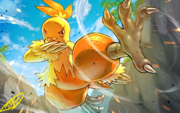 blurry claws clouds combusken commentary_request day kaosu_(kaosu0905) no_humans orange_eyes outdoors pokemon pokemon_(creature) signature sky solo talons yellow_fur