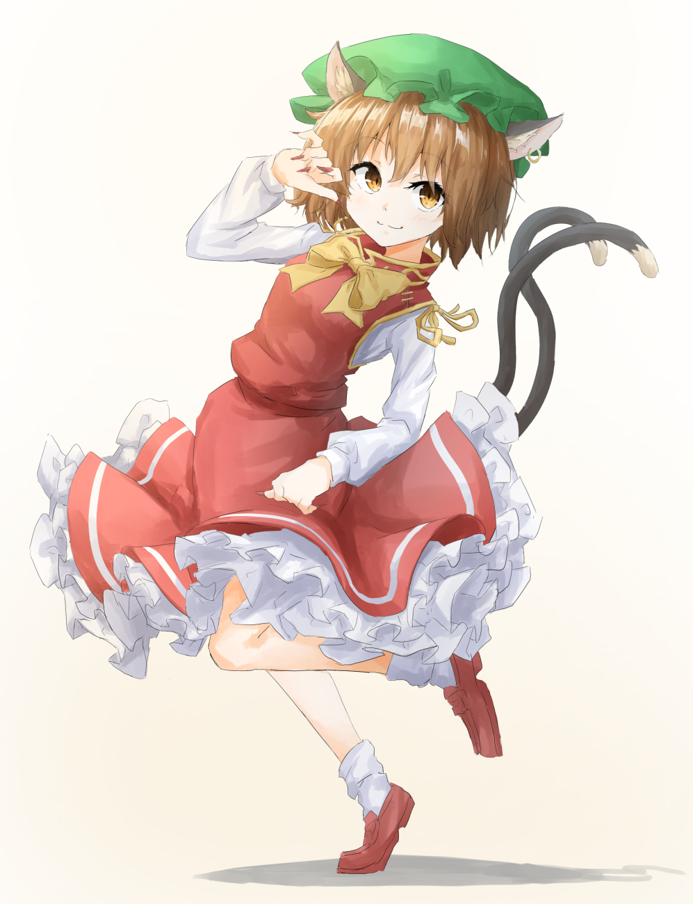 :3 animal_ears bangs bow bowtie brown_eyes brown_hair cat_ears cat_tail chen clip_studio_paint_(medium) closed_mouth dress earrings eyebrows_visible_through_hair fingernails frilled_dress frills full_body green_headwear hat highres jewelry leg_up loafers long_fingernails long_sleeves mandarin_collar mob_cap multiple_tails nekomata red_dress red_footwear red_nails ribbon shoes short_hair simple_background single_earring socks standing standing_on_one_leg tail tarumaru touhou two_tails white_background white_legwear white_sleeves yellow_bow yellow_bowtie yellow_ribbon