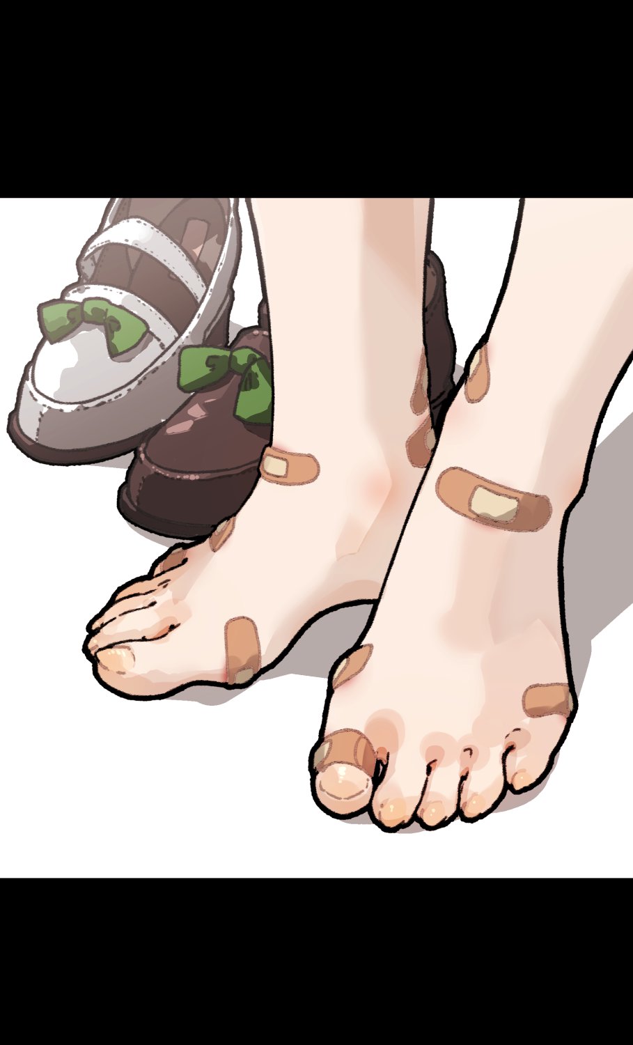 1girl amonitto asymmetrical_footwear bandaid bandaid_on_foot barefoot black_footwear close-up commentary_request feet feet_only foot_focus highres letterboxed mismatched_footwear shadow shoes shoes_removed silence_suzuka_(umamusume) toes umamusume white_footwear