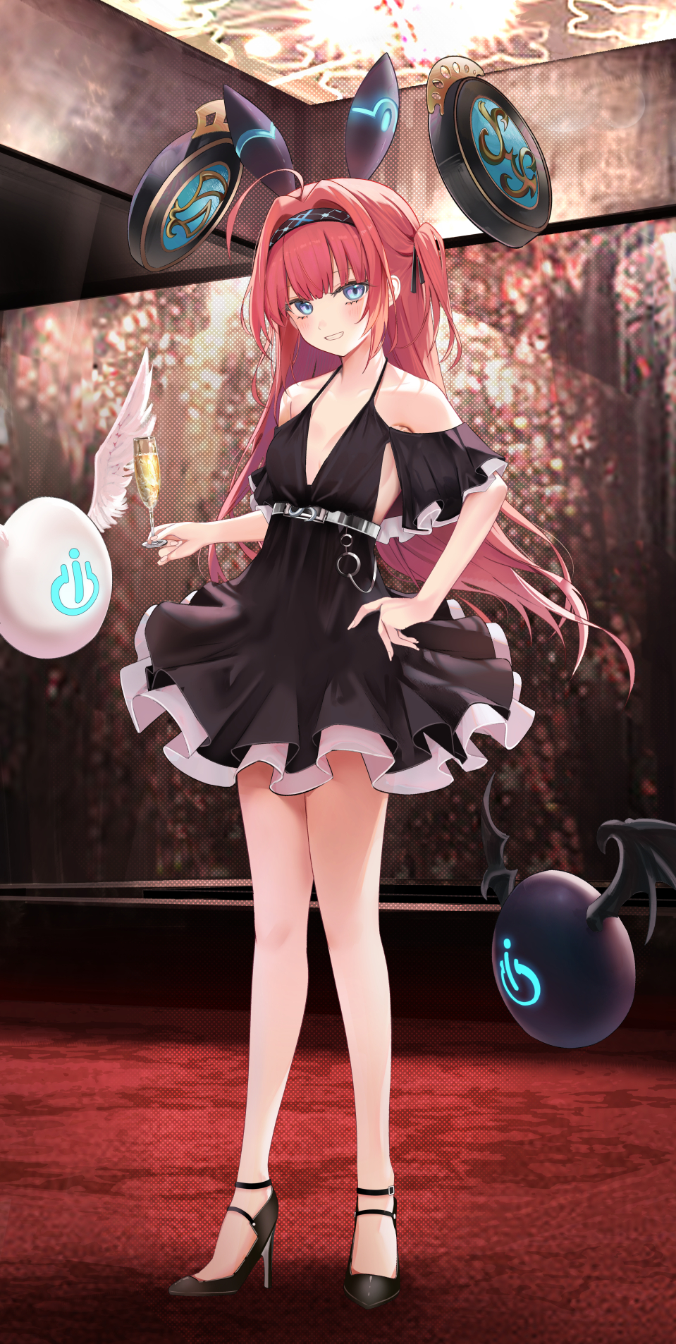 1girl ahoge bangs bare_shoulders black_dress black_footwear black_hairband black_ribbon blue_eyes blush clothing_cutout commentary_request dress eyebrows_behind_hair full_body grin hair_ribbon hairband headgear high_heels highres indoors lishenna_omen_of_destruction long_hair looking_at_viewer pleated_dress power_symbol redhead ribbon ru_zhai shadowverse shoes shoulder_cutout smile solo standing two_side_up very_long_hair