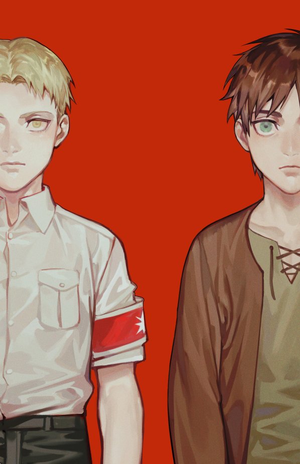 2boys armband blonde_hair brown_hair brown_shirt child collared_shirt cross-laced_slit eren_yeager expressionless green_eyes looking_at_viewer male_focus marley_military_uniform multiple_boys open_clothes open_shirt pants red_background reiner_braun shingeki_no_kyojin shirt side-by-side thick_eyebrows white_shirt younger zoo_(oukakumaku)