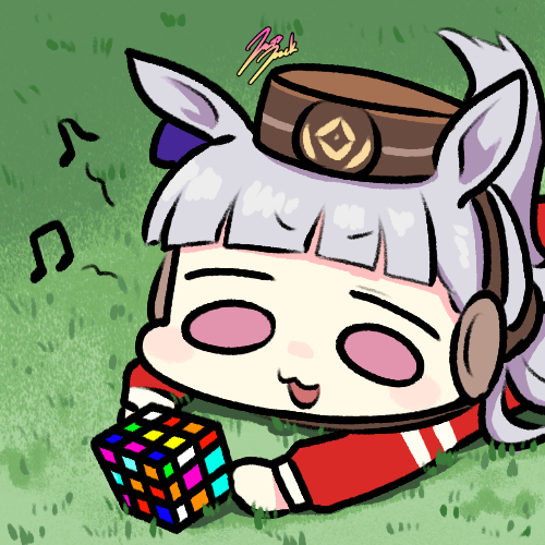1girl animal_ears bandages brown_headwear gold_ship_(umamusume) grass horse_ears horse_girl horse_tail jacket jazz_jack long_hair long_sleeves lowres lying musical_note on_side open_clothes open_mouth outdoors purple_hair red_jacket rubik's_cube solo spoken_musical_note tail track_jacket track_uniform umamusume