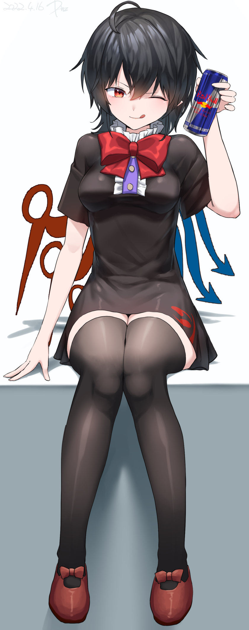 1girl :q asymmetrical_wings bangs black_dress black_hair black_legwear blue_wings blush bow breasts buttons can center_frills dress footwear_bow frills highres holding holding_can houjuu_nue kisamu_(ksmz) medium_breasts one_eye_closed red_bull red_eyes red_footwear red_wings shiny shiny_hair short_hair short_sleeves sitting solo thigh-highs tomoe_(symbol) tongue tongue_out touhou white_background wings