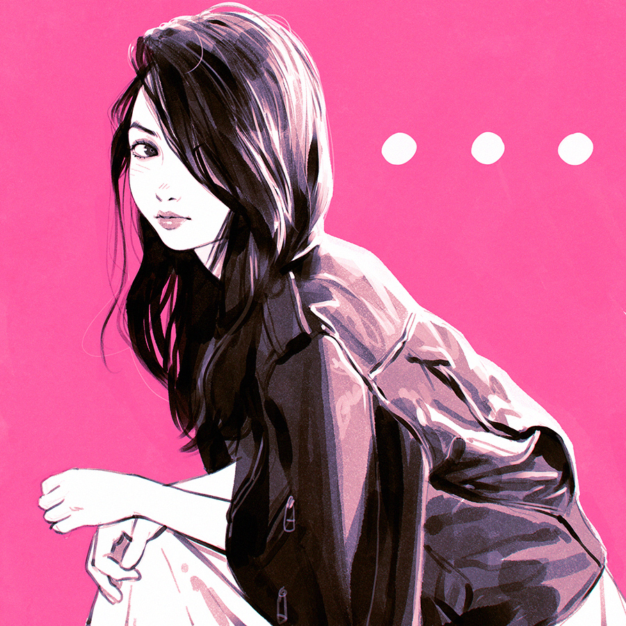 1girl dress from_side hair_over_one_eye hand_on_own_knee ilya_kuvshinov jacket jacket_on_shoulders knee_up leather leather_jacket lips long_hair looking_to_the_side monochrome original pink_background solo