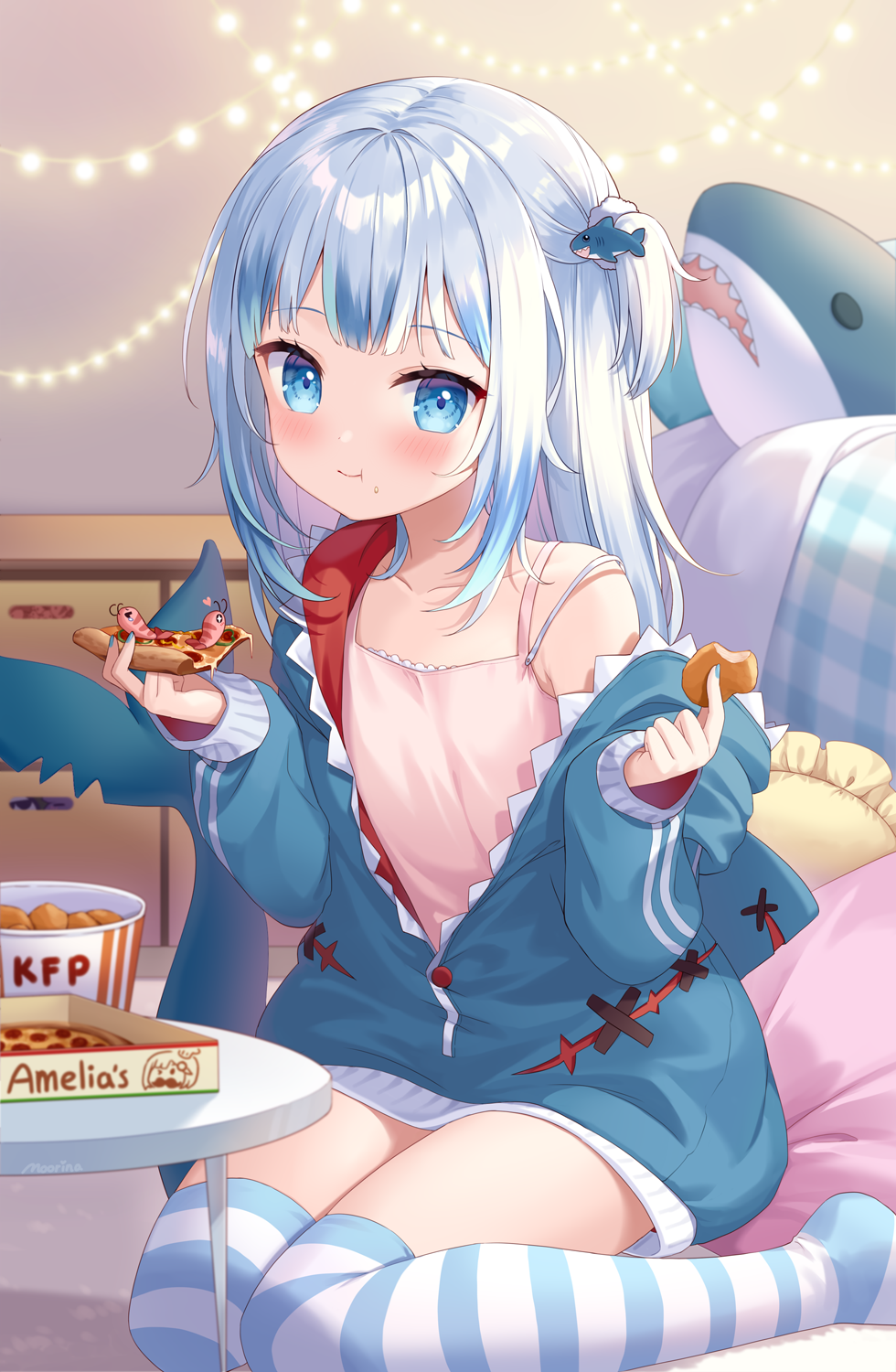 1girl :t animal bangs bare_shoulders blue_eyes blue_hair blue_jacket blue_nails blush bucket camisole chicken_nuggets closed_mouth collarbone commentary_request eating eyebrows_visible_through_hair fish_tail food food_on_face gawr_gura hair_ornament heart highres holding holding_food hololive hood hood_down hooded_jacket jacket long_hair long_sleeves looking_at_viewer moorina multicolored_hair nail_polish no_shoes off_shoulder one_side_up open_clothes open_jacket pink_camisole pizza pizza_box pizza_slice plaid puffy_long_sleeves puffy_sleeves shark_tail shrimp silver_hair sitting sleeves_past_wrists solo streaked_hair striped striped_legwear stuffed_animal stuffed_shark stuffed_toy tail thigh-highs virtual_youtuber wariza watson_amelia