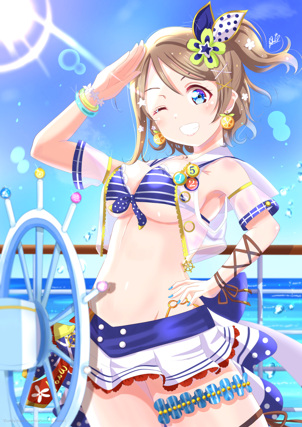 1girl :d alternate_hairstyle arm_up armpits badge bangle bangs bikini bikini_top_only blue_bikini blue_eyes blue_sky bracelet breasts brown_hair button_badge cropped_jacket earrings front-tie_bikini front-tie_top groin hair_between_eyes hair_ornament hand_on_hip highres jacket jewelry kimikoko_thanks light_blush looking_at_viewer love_live! love_live!_sunshine!! medium_breasts miniskirt nail_polish ocean one_eye_closed outdoors pleated_skirt railing sailor_collar salute see-through see-through_jacket short_sleeves side_ponytail signature skirt sky smile solo steering_wheel sun sunlight swimsuit teeth thigh_strap under_boob watanabe_you water wristband x_hair_ornament