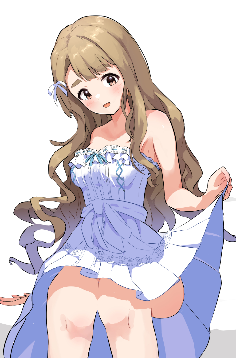 1girl :d arm_support bare_shoulders blush breasts brown_hair clothes_lift dress dress_lift ebifu highres idolmaster idolmaster_million_live! lifted_by_self long_hair looking_down medium_breasts miyao_miya simple_background sitting skirt_hold smile solo strapless strapless_dress thick_eyebrows very_long_hair white_dress