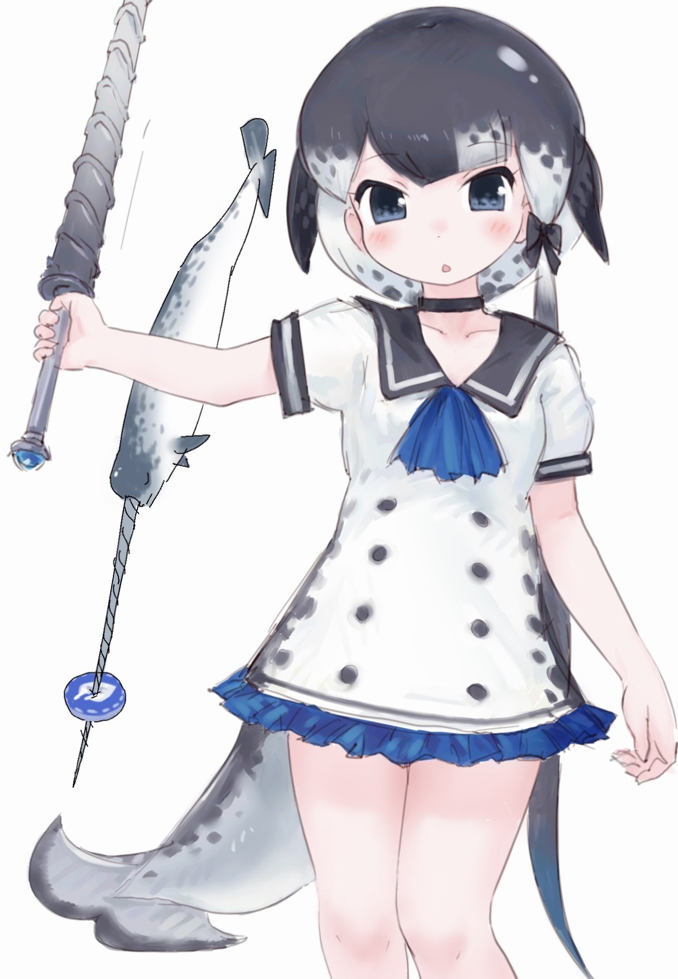 1girl black_choker blue_bow blue_eyes blush bow cetacean_tail choker collarbone dress food frilled_dress frills grey_hair hair_bow highres japari_bun kemono_friends looking_at_viewer multicolored_hair narwhal narwhal_(kemono_friends) neck_ruff polearm puffy_short_sleeves puffy_sleeves sailor_dress short_hair short_hair_with_long_locks short_sleeves solo spear tail toxicnyannyan weapon white_dress white_hair