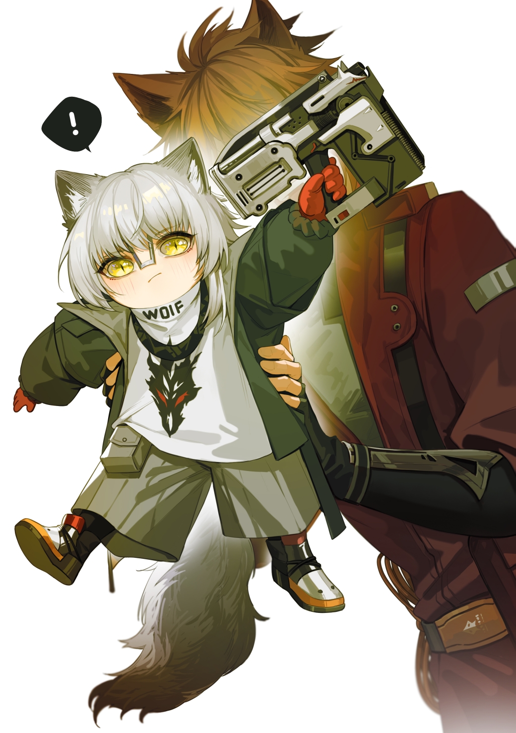 2boys 61037549 animal_ears aosta_(arknights) arknights bishounen chiave_(arknights) cowboy_shot fingerless_gloves full_body gloves highres jacket male_focus multiple_boys nail_gun red_gloves red_jacket redhead shoes short_hair shorts tail white_hair wolf_boy wolf_ears wolf_tail yellow_eyes