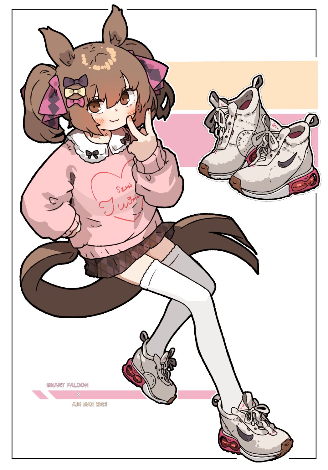 1girl adidas air_max amonitto animal_ears bangs blush bow brown_eyes brown_hair brown_skirt character_name closed_mouth full_body hair_bow hand_on_hip highres horse_ears horse_girl horse_tail long_sleeves looking_at_viewer medium_hair miniskirt pink_shirt product_placement shirt shoes skirt smart_falcon_(umamusume) smile sneakers solo tail thigh-highs umamusume v white_legwear