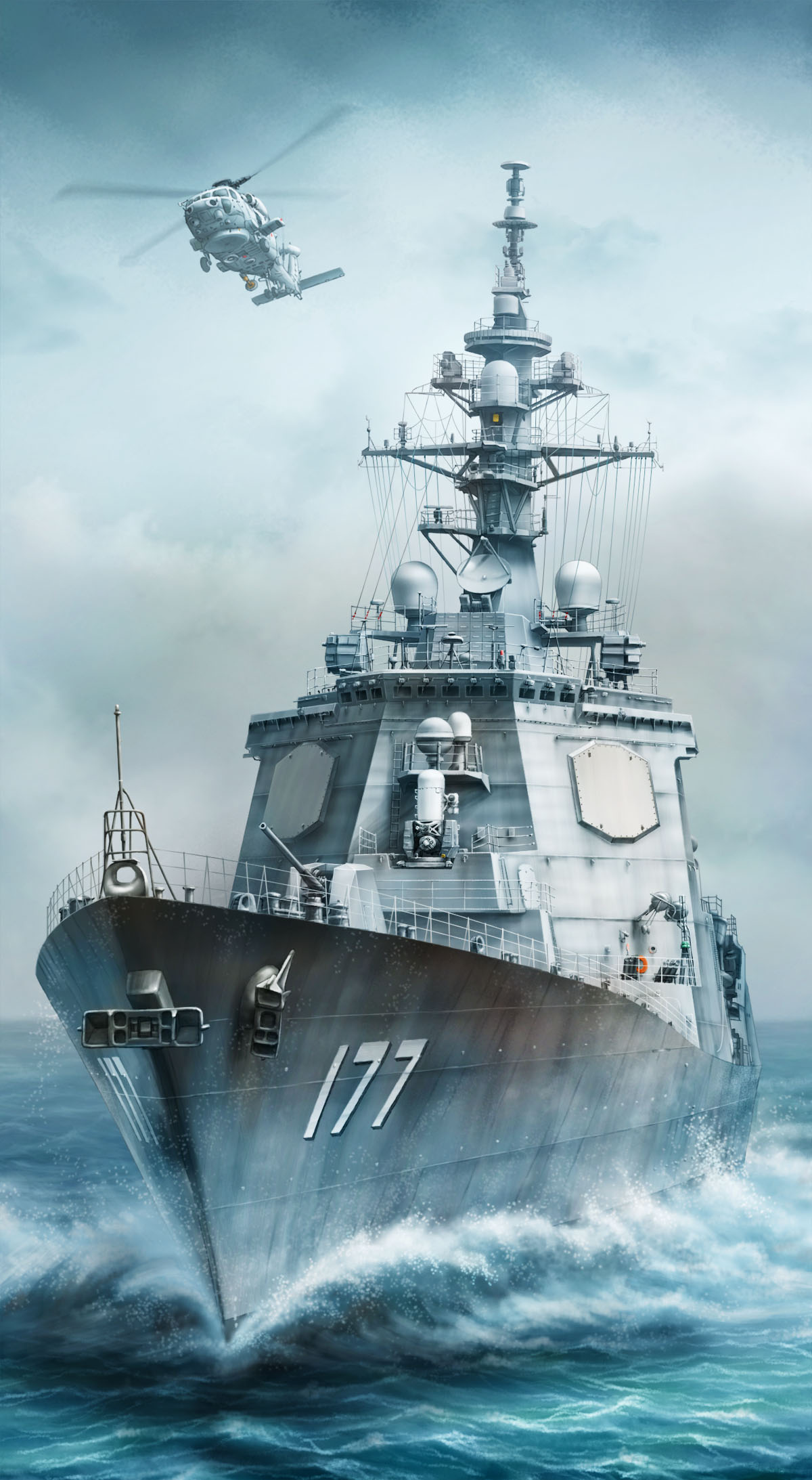aircraft commentary_request destroyer grey_sky helicopter highres japan_maritime_self-defense_force japan_self-defense_force kashi_takahisa military military_vehicle no_humans ocean original scenery sh-60_seahawk ship sky turret warship water watercraft