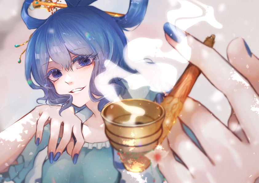 1girl blue_dress blue_eyes blue_hair blue_nails breasts collarbone dress drill_hair flower grin hair_ornament hair_rings hair_stick kaku_seiga kiseru late_(late327) looking_at_viewer nail_polish perspective pipe puffy_short_sleeves puffy_sleeves shawl short_hair short_sleeves smile smoke solo touhou twin_drills vest white_vest