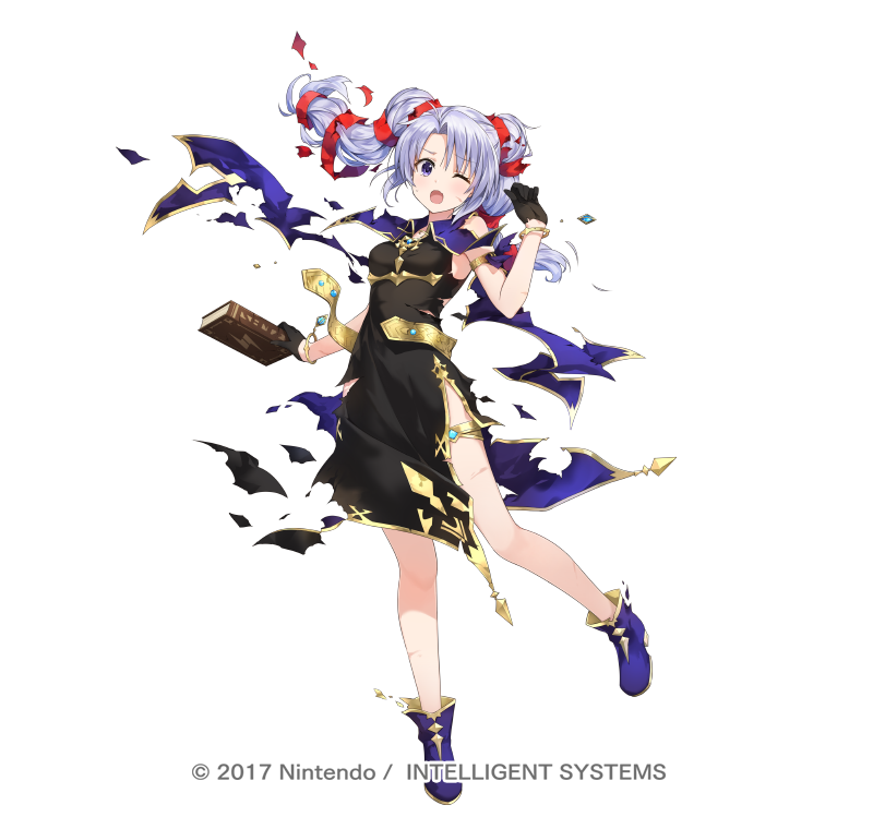 1girl :o amagai_tarou bangs bare_shoulders belt black_dress black_gloves book boots bracelet commentary_request dress eyebrows_visible_through_hair fire_emblem fire_emblem:_genealogy_of_the_holy_war fire_emblem_heroes full_body gloves hand_up holding holding_book jewelry long_hair official_art one_eye_closed open_mouth purple_footwear short_dress silver_hair simple_background sleeveless sleeveless_dress solo standing tine_(fire_emblem) torn_clothes torn_dress twintails violet_eyes white_background