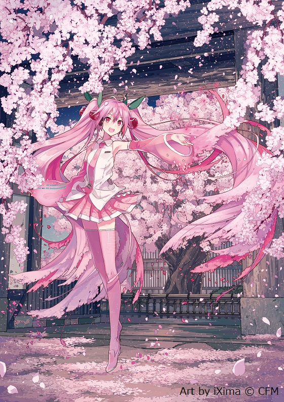 1girl absurdly_long_hair architecture arm_up artist_name bare_shoulders cherry_blossoms cherry_hair_ornament commentary crypton_future_media detached_sleeves east_asian_architecture falling_petals floating_hair flower food-themed_hair_ornament full_body hair_ornament hatsune_miku headphones ixima long_hair looking_at_viewer miniskirt necktie official_art open_mouth outstretched_arm petals pink_eyes pink_flower pink_footwear pink_hair pink_legwear pink_necktie pink_skirt pink_sleeves pleated_skirt sakura_miku scenery shirt skirt sleeveless sleeveless_shirt smile solo spring_(season) thigh-highs tree twintails very_long_hair vocaloid white_shirt zettai_ryouiki