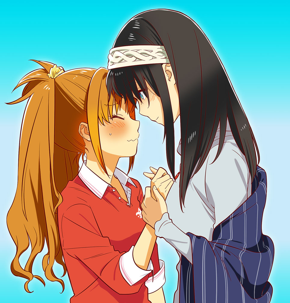 2girls black_hair blue_background blue_eyes blush brown_hair closed_eyes closed_mouth collared_shirt face-to-face facing_another from_side gradient gradient_background grey_shirt hair_ornament hair_scrunchie hairband hino_akane_(idolmaster) holding_another's_wrist idolmaster idolmaster_cinderella_girls long_hair long_sleeves looking_at_another mori_(unknown.) multiple_girls off-shoulder_sweater off_shoulder ponytail profile red_shirt sagisawa_fumika scrunchie shirt sweat sweater upper_body wavy_mouth yellow_scrunchie yuri