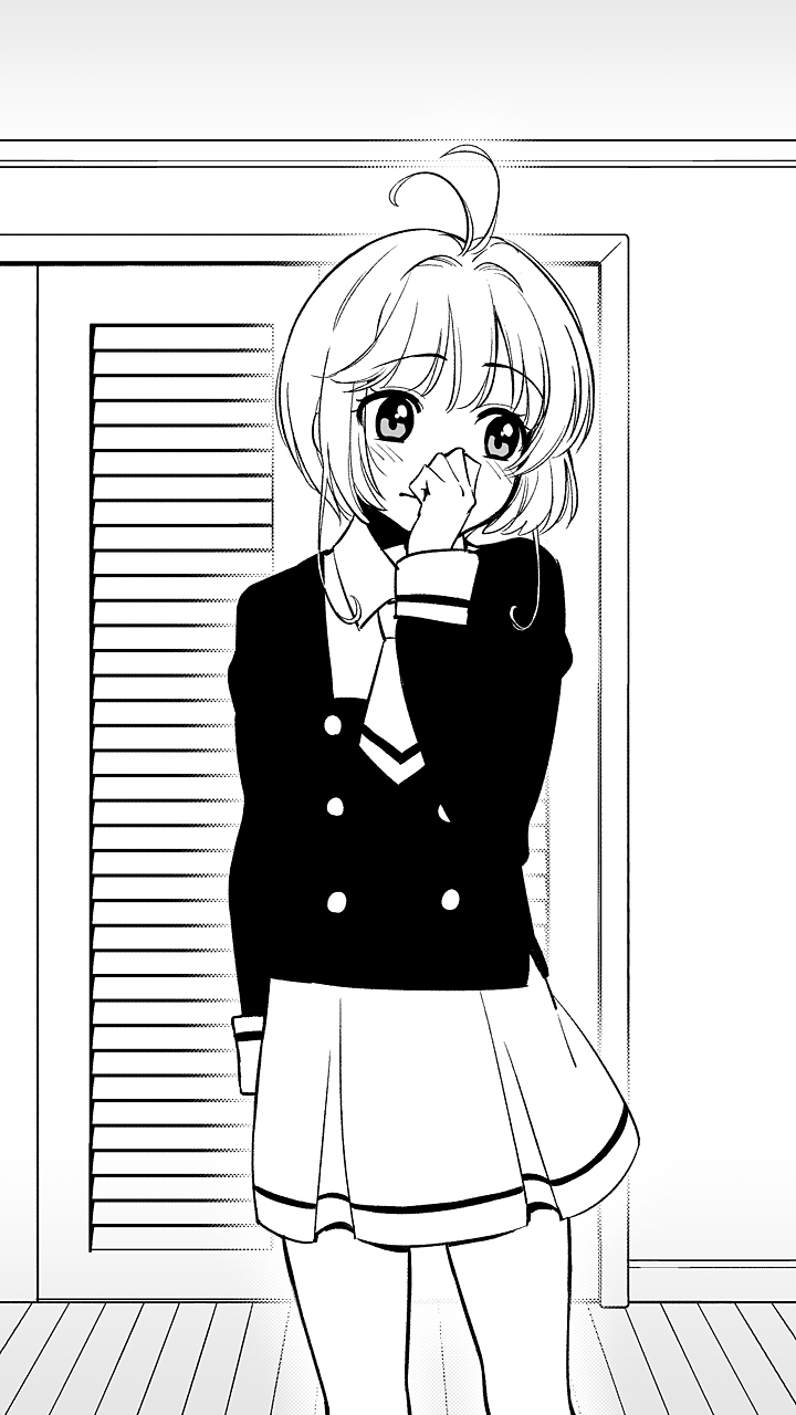 1girl antenna_hair black_shirt cardcaptor_sakura closet commentary_request cowboy_shot embarrassed eyebrows_visible_through_hair greyscale hand_over_face hand_up highres indoors kinomoto_sakura long_sleeves looking_away looking_to_the_side monochrome necktie school_uniform shirt short_hair sidelocks skirt solo standing tomoeda_middle_school_uniform ukokkei white_necktie white_skirt wing_collar