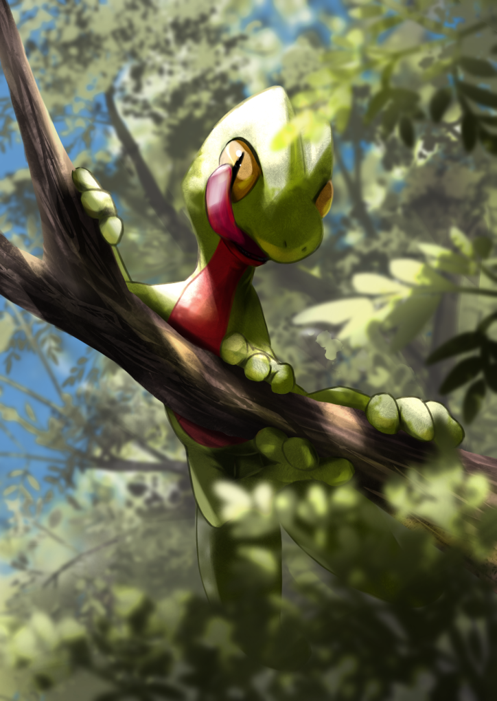 blurry branch commentary_request day in_tree leaf no_humans open_mouth outdoors pokemon pokemon_(creature) rukiruku solo tongue tongue_out tree treecko yellow_eyes