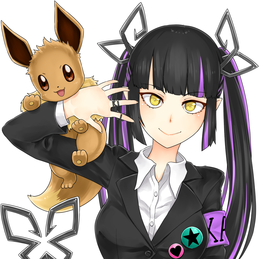 1girl alternate_costume bangs black_hair black_jacket blunt_bangs breasts closed_mouth collared_shirt commentary_request demon_girl demon_horns demon_tail eevee engacyo_(engacyo39800yen) horns jacket jewelry kojo_anna long_hair long_sleeves looking_at_viewer medium_breasts multicolored_hair pointy_ears pokemon pokemon_(creature) purple_hair ring shirt simple_background smile sugar_lyric tail transparent_background twintails two-tone_hair upper_body virtual_youtuber white_shirt yellow_eyes