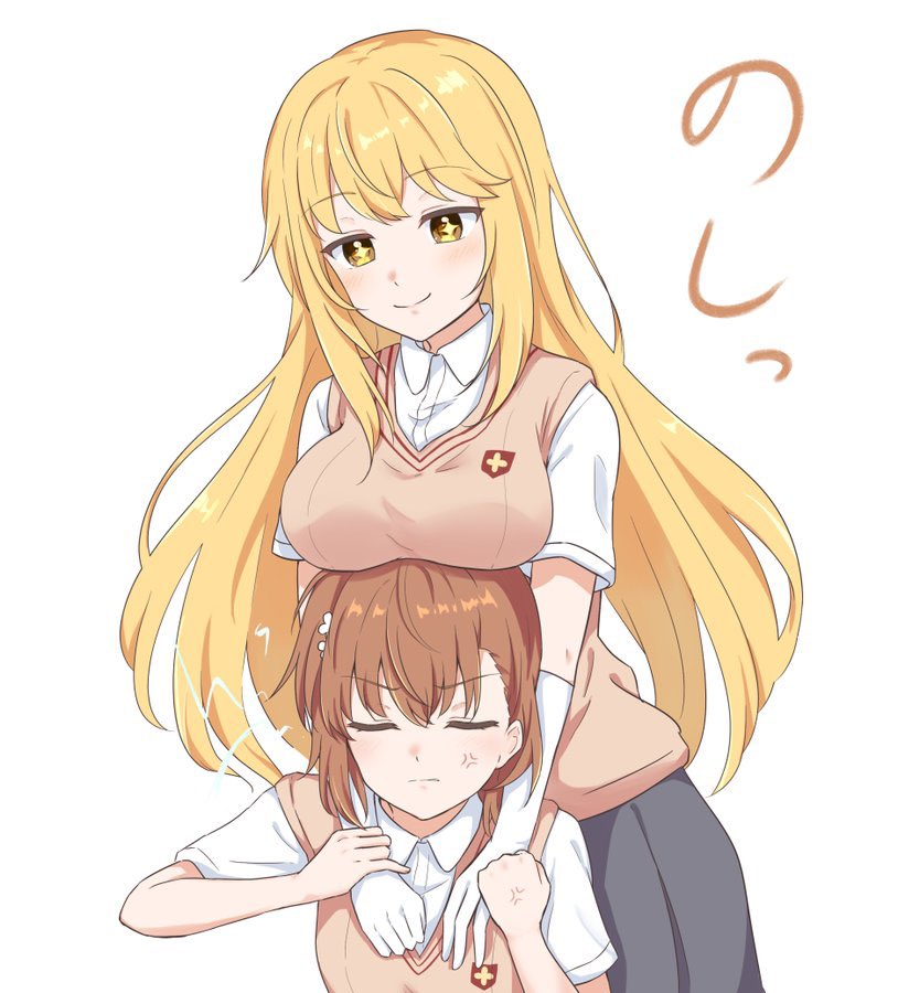 2girls anger_vein bangs blonde_hair breast_rest breasts breasts_on_head brown_hair cardigan_vest clenched_hand closed_mouth collared_shirt elbow_gloves emblem eyebrows_visible_through_hair flower gloves hair_flower hair_ornament large_breasts long_hair misaka_mikoto multiple_girls school_uniform shirt shokuhou_misaki short_hair short_sleeves smile star-shaped_pupils star_(symbol) swkanon0419 symbol-shaped_pupils toaru_kagaku_no_railgun toaru_majutsu_no_index tokiwadai_school_uniform white_shirt yellow_eyes