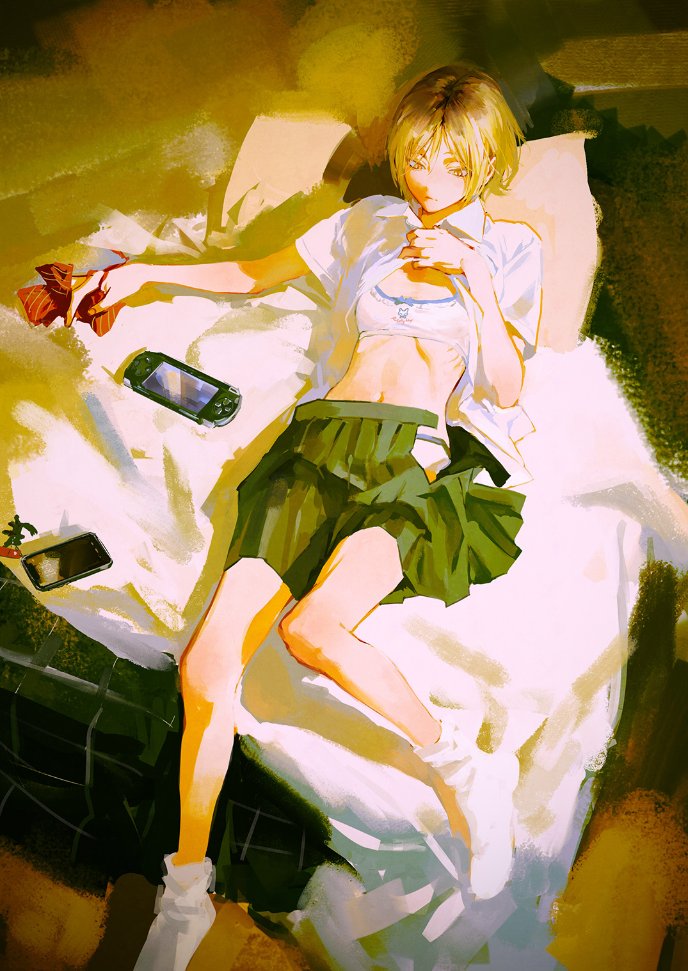 1girl bed black_cat black_hair blanket blonde_hair bow bowtie bowtie_removed bra cat cellphone cellphone_charm charm_(object) commentary english_commentary feet_out_of_frame flat_chest game_console genderswap genderswap_(mtf) green_skirt haikyuu!! hair_between_eyes hair_over_one_eye hair_strand holding holding_bow huangdanlan indoors kozume_kenma leg_up looking_away looking_down lying midriff miniskirt no_shoes on_back on_bed open_clothes open_shirt open_skirt outstretched_arm panties phone pillow pleated_skirt print_bra red_bow red_bowtie ribs school_uniform shirt shirt_hold short_hair short_sleeves skinny skirt socks solo underwear white_bra white_panties white_shirt