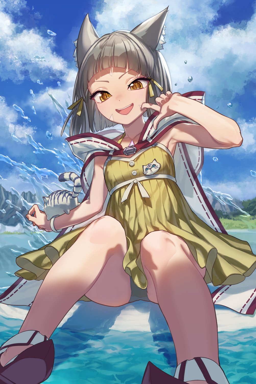 1girl :d bangs beach blue_sky blunt_bangs chest_jewel clouds cloudy_sky dress_swimsuit highres looking_at_viewer nia_(fancy_sundress)_(xenoblade) nia_(xenoblade) nopon ocean open_mouth outdoors short_hair silver_hair sky smile solo swimsuit thupoppo water xenoblade_chronicles_(series) xenoblade_chronicles_2 yellow_eyes yellow_swimsuit