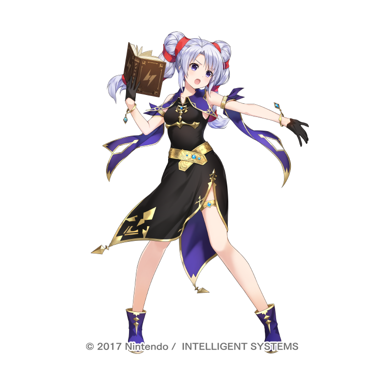 1girl :o amagai_tarou bangs bare_shoulders belt black_dress black_gloves book boots bracelet commentary_request dress eyebrows_visible_through_hair fire_emblem fire_emblem:_genealogy_of_the_holy_war fire_emblem_heroes full_body gloves hand_up holding holding_book jewelry long_hair official_art open_mouth purple_footwear short_dress silver_hair simple_background sleeveless sleeveless_dress solo standing tine_(fire_emblem) twintails violet_eyes white_background
