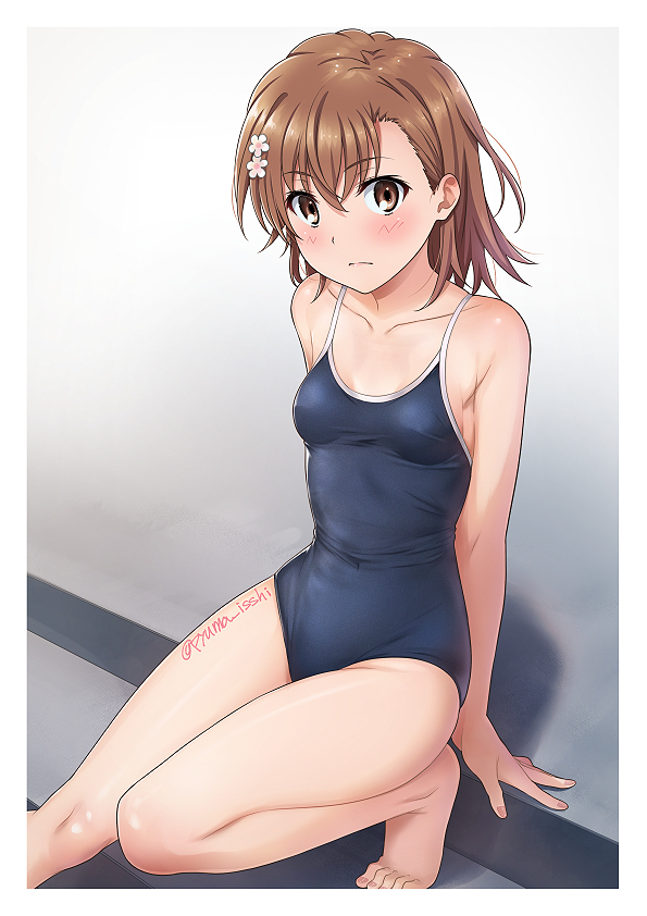1girl arm_support bangs bare_arms bare_legs bare_shoulders barefoot blue_swimsuit blush breasts brown_eyes brown_hair closed_mouth collarbone competition_school_swimsuit eyebrows_visible_through_hair feet flower hair_between_eyes hair_flower hair_ornament isshi_pyuma looking_at_viewer misaka_mikoto one-piece_swimsuit school_swimsuit short_hair sitting small_breasts solo swimsuit toaru_kagaku_no_railgun toaru_majutsu_no_index twitter_username