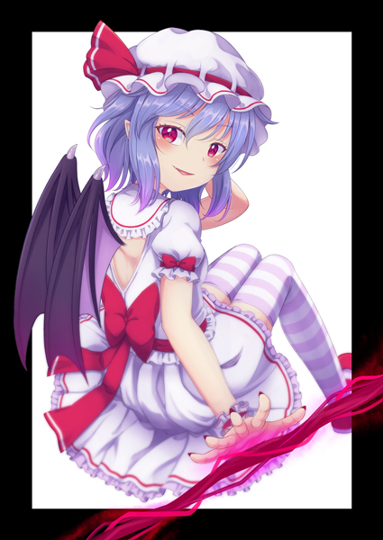 1girl bat_wings black_border blush border bow dress hat letterboxed looking_at_viewer looking_back parted_lips pointy_ears puffy_short_sleeves puffy_sleeves red_eyes remilia_scarlet ribbon short_sleeves sitting smile solo spear_the_gungnir striped striped_legwear thigh-highs tomo_takino touhou wings