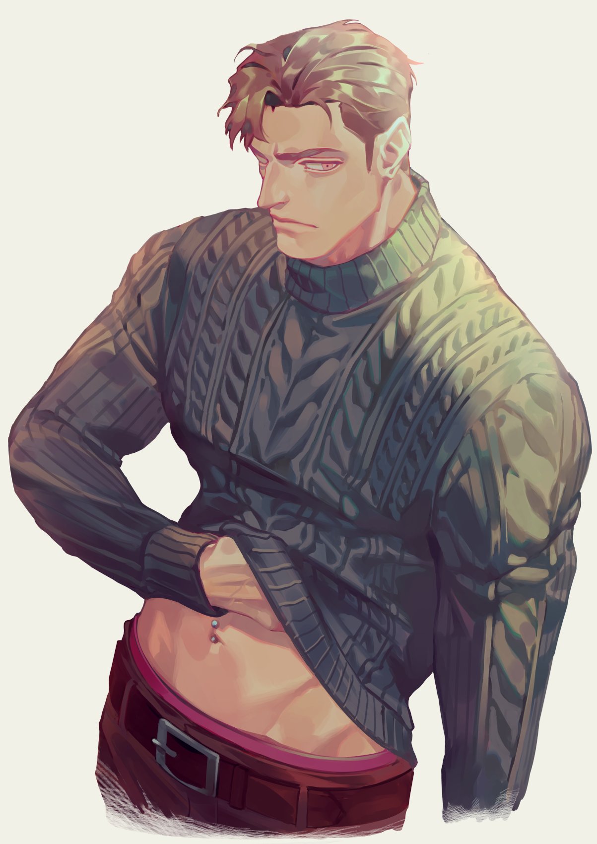 1boy belt black_belt brown_hair closed_mouth clothes_lift commentary_request highres long_sleeves male_focus male_underwear mature_male muscular muscular_male navel navel_piercing original piercing red_male_underwear reisei_zero shirt_lift short_hair solo sweater underwear