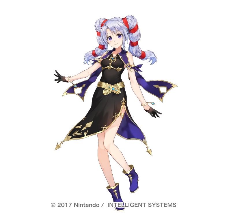 1girl amagai_tarou bangs bare_shoulders belt black_dress black_gloves boots bracelet commentary_request dress eyebrows_visible_through_hair fire_emblem fire_emblem:_genealogy_of_the_holy_war fire_emblem_heroes full_body gloves jewelry long_hair looking_at_viewer official_art purple_footwear short_dress silver_hair simple_background sleeveless sleeveless_dress smile solo standing tine_(fire_emblem) twintails violet_eyes white_background