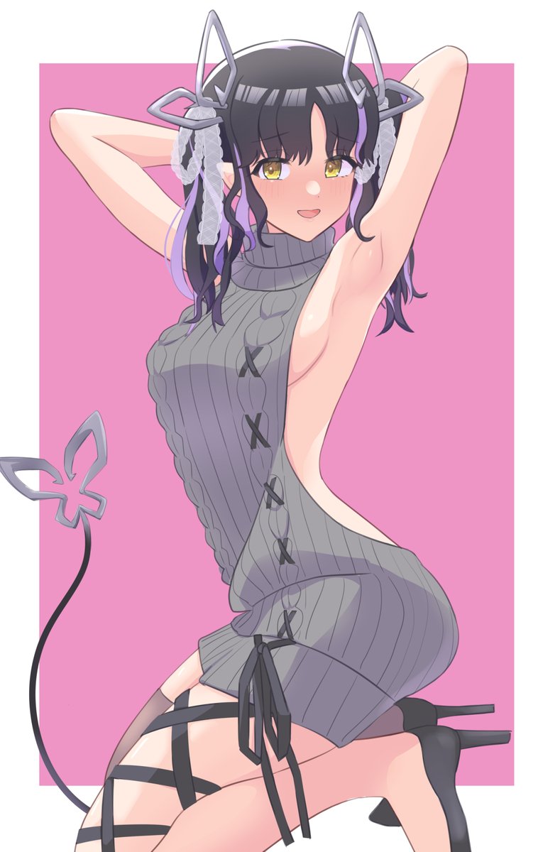 1girl aran_sweater armpits arms_behind_head backless_dress backless_outfit bangs black_footwear black_hair black_ribbon blush breasts commentary_request demon_girl demon_horns demon_tail dress eyebrows_visible_through_hair full_body grey_sweater halterneck high_heels highres horns kojo_anna leg_ribbon long_hair looking_at_viewer medium_breasts meme_attire mint_november11 multicolored_hair official_alternate_costume open_mouth pink_background pointy_ears purple_hair ribbed_sweater ribbon sideboob smile solo sugar_lyric sweater sweater_dress tail turtleneck turtleneck_sweater two-tone_background two-tone_hair virgin_killer_sweater virtual_youtuber white_background yellow_eyes