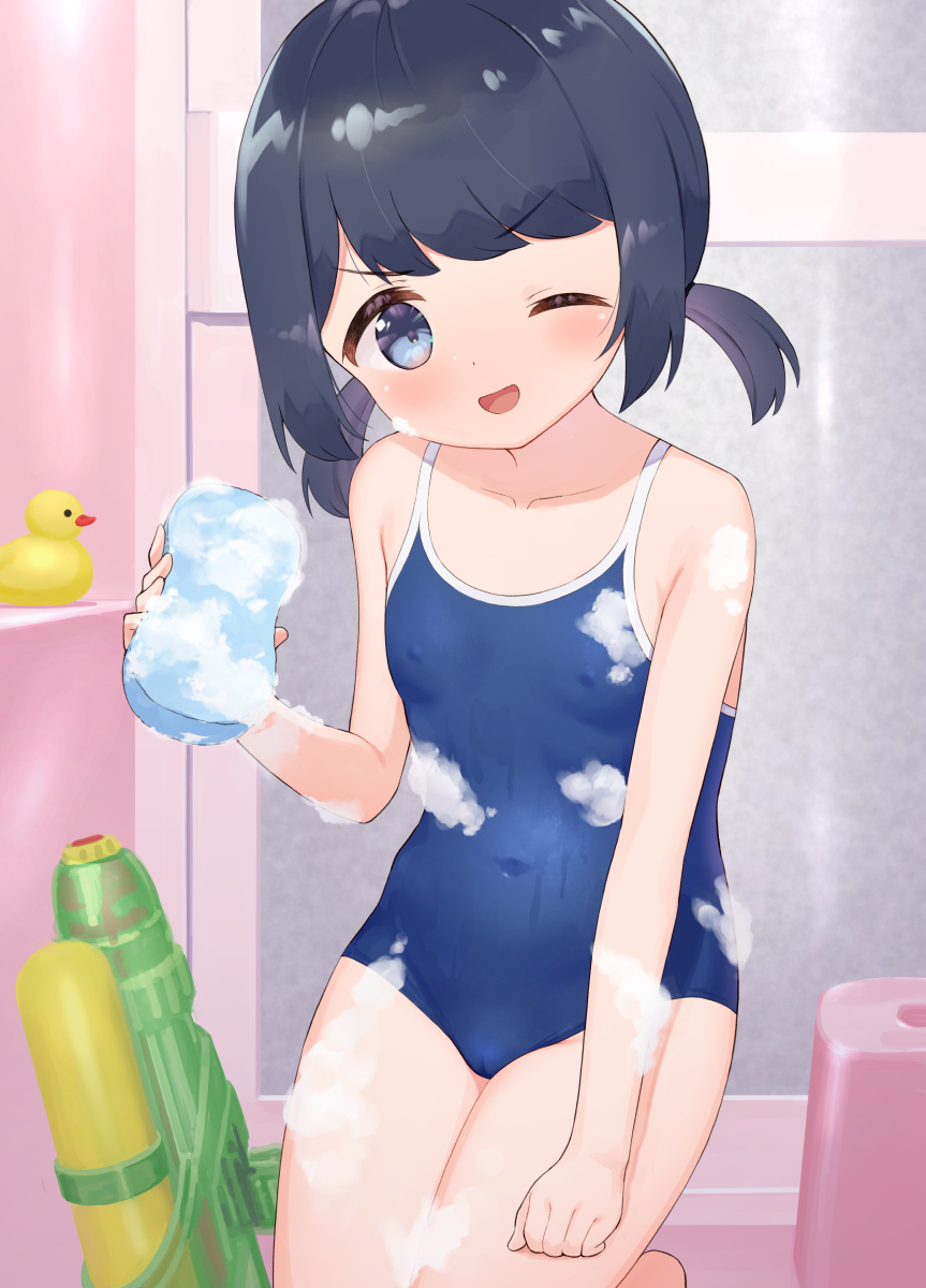 1girl arm_up bathroom black_hair blue_eyes blue_swimsuit breasts covered_navel covered_nipples highres indoors kneeling looking_at_viewer low_twintails makigai makino_yuna one-piece_swimsuit one_eye_closed open_mouth original rubber_duck school_swimsuit short_hair small_breasts smile soap_bubbles solo sponge swimsuit thighs twintails water_gun