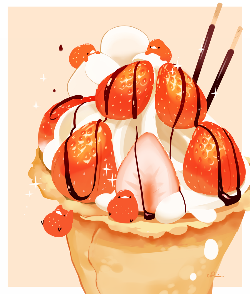 bird chai_(drawingchisanne) chocolate chocolate_syrup commentary_request cream crepe food food_focus fruit looking_at_viewer marshmallow no_humans on_food original pocky signature simple_background sitting_on_food sparkle strawberry undersized_animal whipped_cream