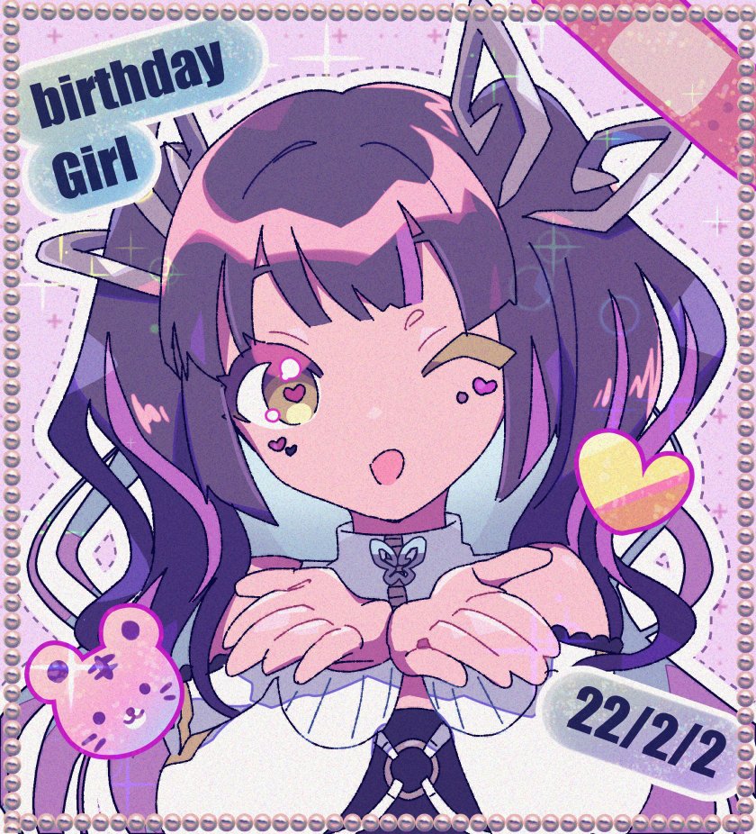 1girl bangs black_hair black_tube_top blunt_bangs clothing_cutout commentary_request dated demon_horns happy_birthday heart horns jacket kojo_anna kuzuhana long_hair looking_at_viewer multicolored_hair official_alternate_costume one_eye_closed open_mouth purple_hair shoulder_cutout smile solo strapless sugar_lyric tiger tube_top twintails two-tone_hair upper_body virtual_youtuber white_jacket yellow_eyes