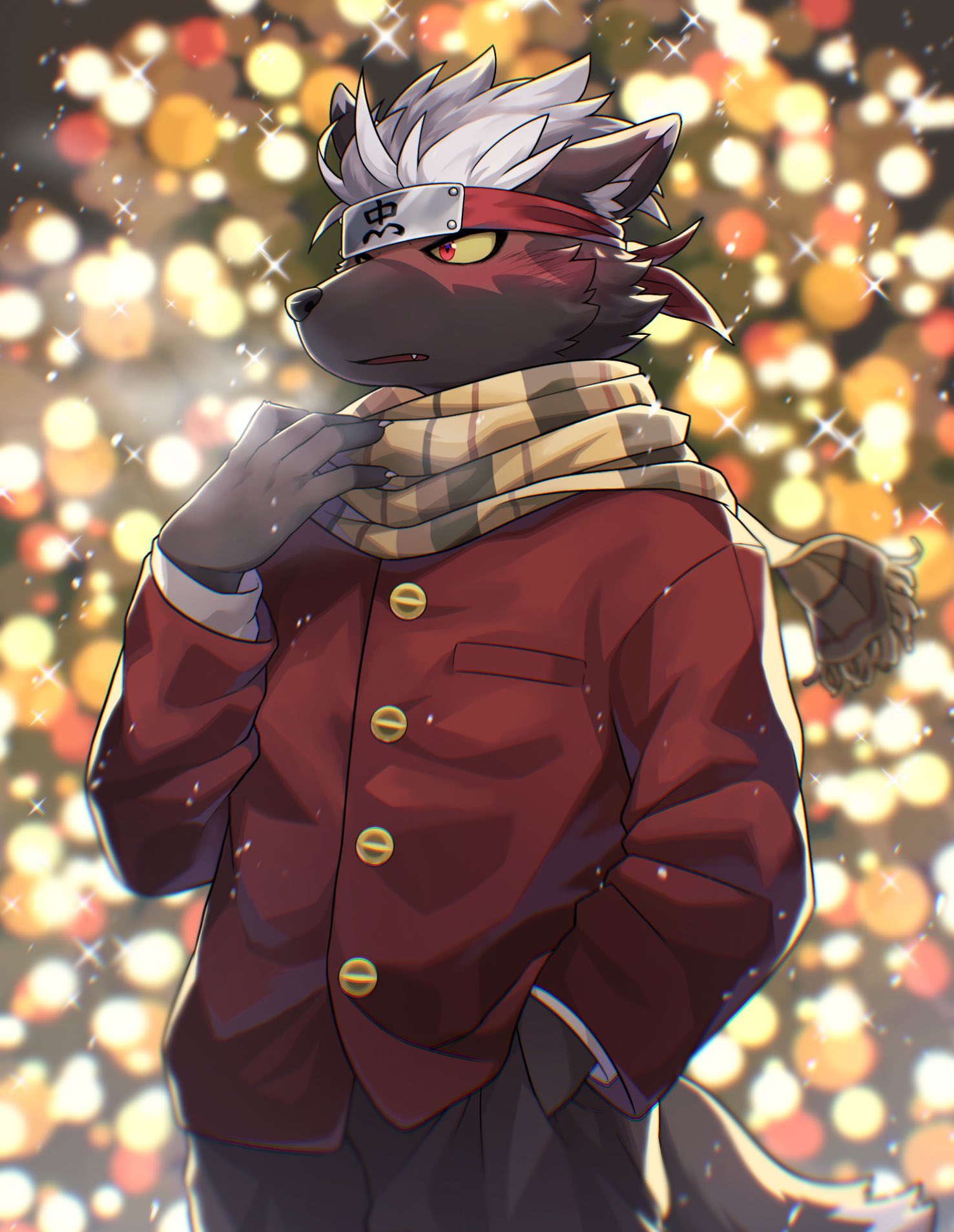 1boy animal_ears animal_nose blush breath brown_fur burn_scar colored_sclera dog_boy dog_ears dog_tail fang fang_out fingernails forehead_protector furry furry_male hand_in_pocket hand_to_own_face highres jacket lights looking_away male_focus ninja open_mouth pants plaid plaid_scarf ponzu_tas red_eyes red_jacket scar scar_on_face scarf scarf_grab sharp_fingernails short_hair snout solo sparkle sparkle_background tadatomo_(housamo) tail tokyo_afterschool_summoners upper_body white_hair yellow_sclera
