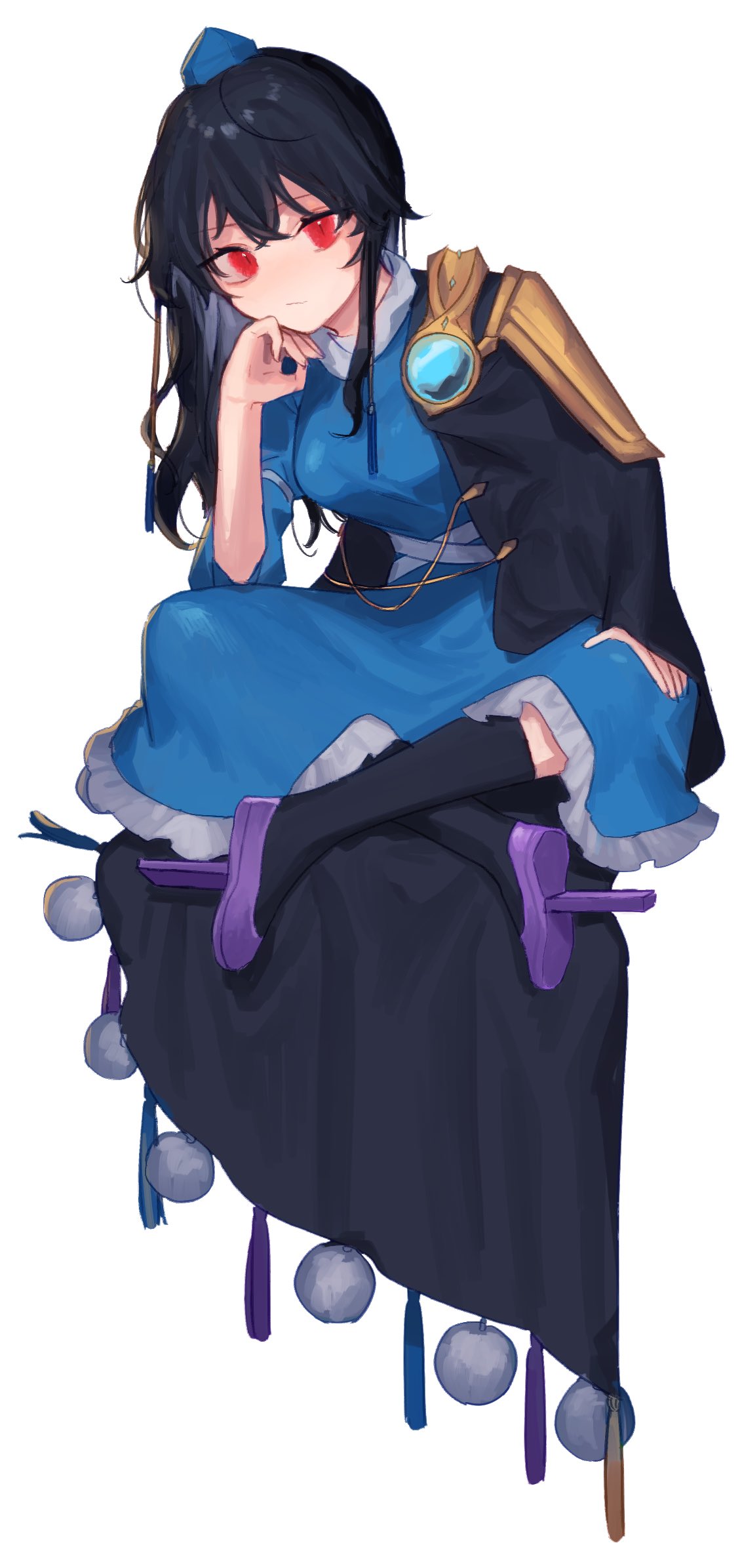 1girl black_hair black_legwear blue_dress blue_hair blush chair dress frilled_dress frills full_body gem geta hat highres iizunamaru_megumu kneehighs light_smile long_hair looking_at_viewer nemachi pointy_ears pom_pom_(clothes) purple_footwear red_eyes ribbon_trim shoulder_guard simple_background sitting sleeveless_coat solo tengu tengu-geta thigh-highs tokin_hat touhou white_background