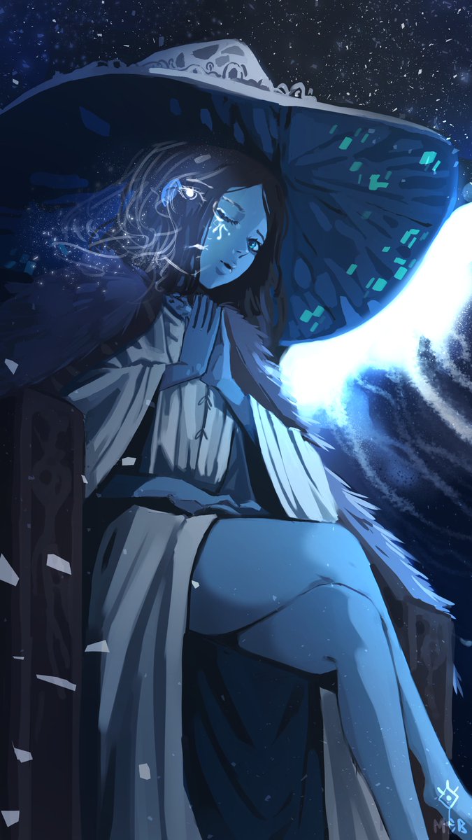 1girl blue_eyes blue_skin colored_skin dress elden_ring extra_arms extra_faces flat_chest hat highres long_dress long_sleeves looking_at_viewer megabyte.exe one_eye_closed own_hands_together parted_lips ranni_the_witch sitting sky solo star_(sky) starry_sky throne white_dress white_headwear wide_sleeves