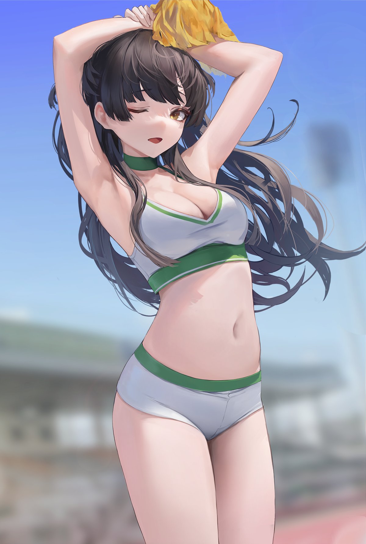 1girl armpits arms_up bangs black_hair blue_sky blurry blurry_background breasts choker commentary day eyebrows_visible_through_hair floating_hair hand_on_own_wrist highres hiki_niito holding holding_pom_poms idolmaster idolmaster_shiny_colors legs_together long_hair looking_at_viewer mayuzumi_fuyuko medium_breasts navel one_eye_closed open_mouth outdoors pom_pom_(cheerleading) short_shorts shorts sky solo standing thighs white_shorts
