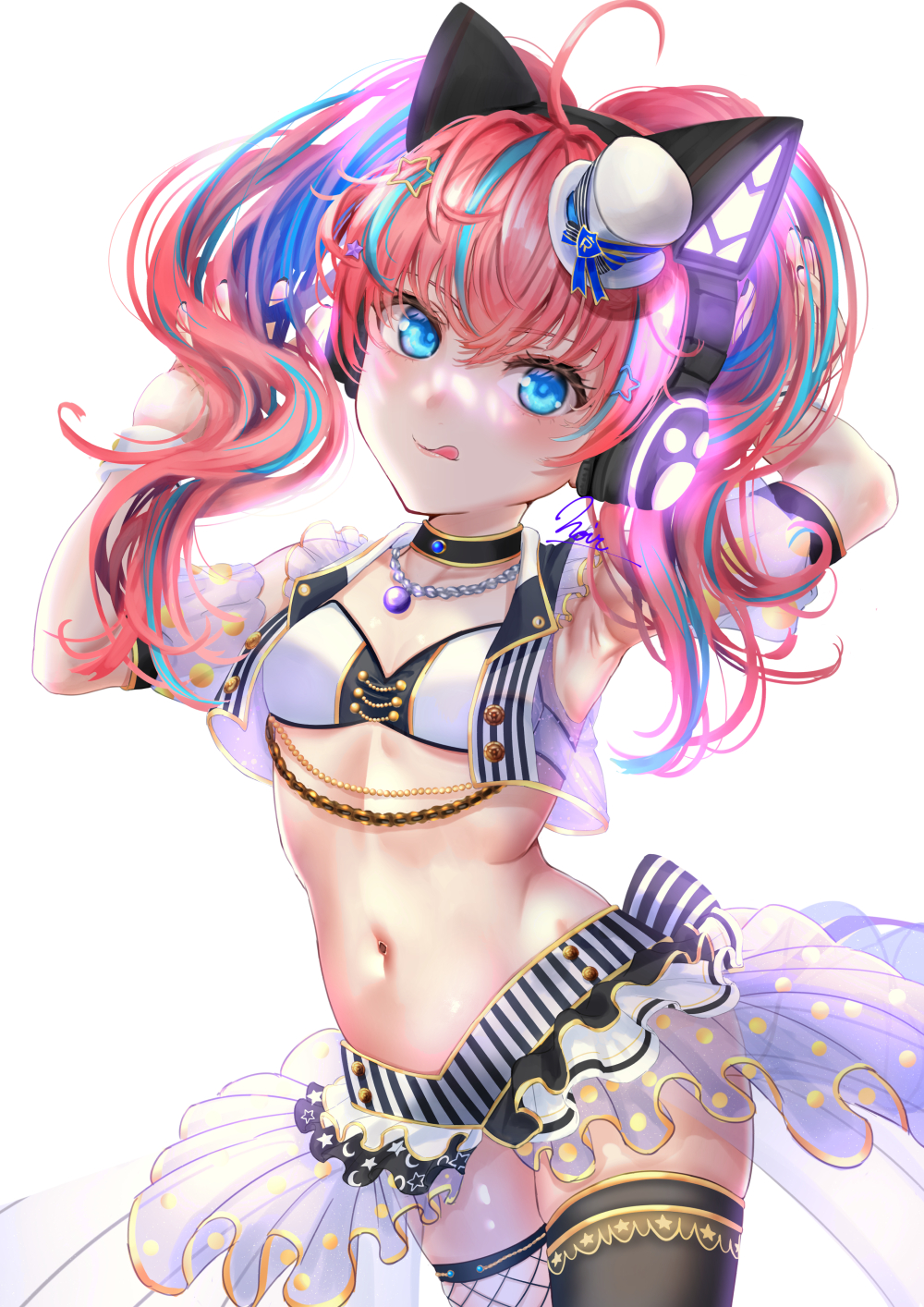 1girl :q ahoge armpits arms_behind_head arms_up asymmetrical_legwear bang_dream! bangs bare_shoulders bikini bikini_top_only black_choker blue_eyes blue_hair breasts cat_ear_headphones choker collarbone commentary_request cowboy_shot detached_sleeves eyebrows_visible_through_hair fishnet_legwear fishnets greyscale hair_between_eyes hat headphones highres jewelry long_hair looking_at_viewer midriff mini_hat mini_top_hat mismatched_legwear monochrome multicolored_hair navel necklace noir_(nowaru) open_clothes open_vest partial_commentary pleated_skirt redhead sidelocks signature simple_background single_thighhigh skindentation skirt small_breasts solo standing swimsuit tamade_chiyu thigh-highs tongue tongue_out top_hat twintails two-tone_hair vest waist_cape white_background white_footwear white_vest zettai_ryouiki