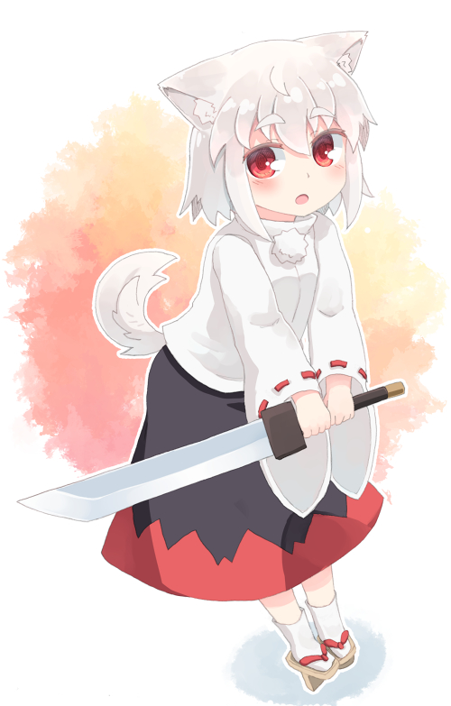 1girl animal_ears black_skirt breasts commentary_request detached_sleeves geta holding holding_sword holding_weapon inubashiri_momiji kibisake long_sleeves open_mouth pom_pom_(clothes) red_eyes red_skirt ribbon-trimmed_sleeves ribbon_trim short_hair skirt small_breasts socks sword tail thick_eyebrows touhou vest weapon white_hair white_legwear white_sleeves white_tail white_vest wide_sleeves wolf_ears wolf_tail