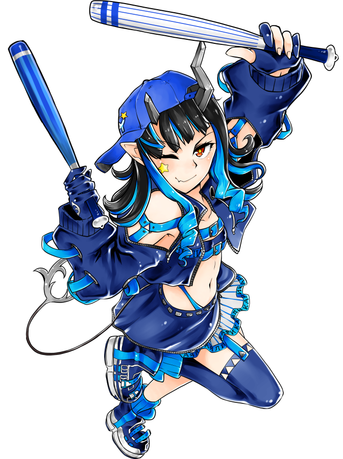 1girl alternate_color arm_up artist_name bangs baseball_bat baseball_cap belt black_hair black_sports_bra blue_belt blue_footwear blue_gloves blue_hair blue_jacket blue_legwear blue_skirt chest_belt closed_eyes closed_mouth clothing_cutout commentary_request cropped_jacket cross-laced_sleeves dated demon_girl demon_horns demon_tail dual_wielding engacyo_(engacyo39800yen) fang flat_chest full_body garter_straps gloves grey_skirt hat holding horns jacket layered_skirt long_hair long_sleeves midriff multicolored_hair navel nippon_professional_baseball one_eye_closed partially_fingerless_gloves pointy_ears red_eyes shishio_chris shoes shoulder_cutout sideways_hat simple_background single_thighhigh skin_fang skirt smile sneakers socks solo sports_bra star_(symbol) star_in_eye star_sticker sugar_lyric symbol_in_eye tail thigh-highs transparent_background two-tone_hair virtual_youtuber yokohama_dena_baystars zipper_skirt