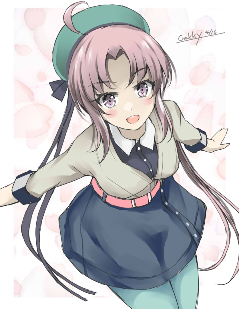 1girl ahoge akitsushima_(kancolle) beret black_dress commentary_request dress gakky green_headwear grey_hair grey_legwear hat jacket kantai_collection long_hair official_alternate_costume one-hour_drawing_challenge pantyhose side_ponytail sidelocks solo violet_eyes white_jacket