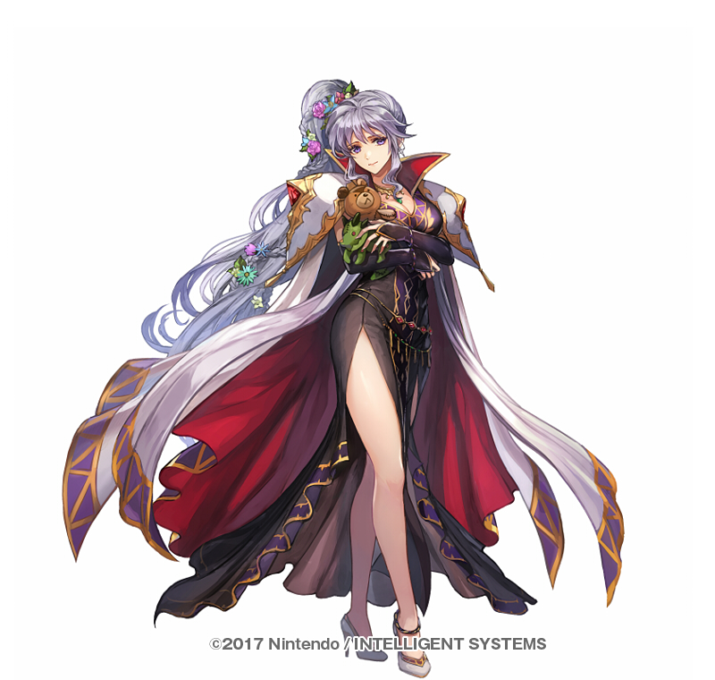 1girl alternate_costume armor book breasts cape dress electricity fire_emblem fire_emblem:_genealogy_of_the_holy_war fire_emblem_heroes flower gloves hair_ornament high_heels ishtar_(fire_emblem) jewelry legs lightning long_hair looking_at_viewer magic nijihayashi nintendo official_alternate_costume pauldrons shoulder_armor simple_background smile solo stuffed_animal stuffed_toy very_long_hair