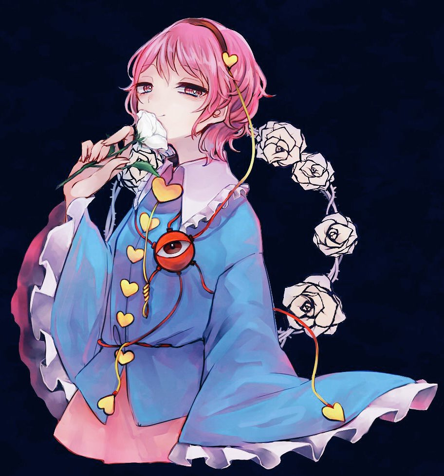 1girl blouse blue_background blue_blouse blush blush_stickers bright_pupils buttons closed_mouth commentary eyebrows_visible_through_hair flower frilled_shirt_collar frilled_sleeves frills hair_ornament hairband hand_up heart heart_button heart_hair_ornament holding holding_flower katai_(nekoneko0720) komeiji_satori long_sleeves looking_at_viewer pink_hair pink_skirt red_eyes red_hairband rose short_hair simple_background skirt smile solo third_eye thorns touhou upper_body white_flower white_pupils white_rose wide_sleeves