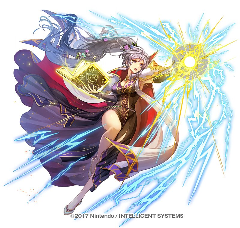 1girl alternate_costume book breasts cape dress electricity fire_emblem fire_emblem:_genealogy_of_the_holy_war fire_emblem_heroes flower gloves hair_ornament hand_up high_heels ishtar_(fire_emblem) jewelry legs lightning long_hair magic nijihayashi nintendo non-web_source official_alternate_costume open_mouth outstretched_hand simple_background solo very_long_hair