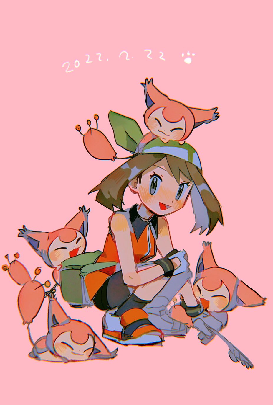 1girl :d bandana bangs black_shorts brown_hair cat_day dated dress fanny_pack full_body gloves grey_eyes highres hinann_bot looking_at_viewer may_(pokemon) orange_dress orange_footwear pink_background pokemon pokemon_(creature) pokemon_(game) pokemon_emerald pokemon_rse shorts skitty sleeveless sleeveless_dress smile