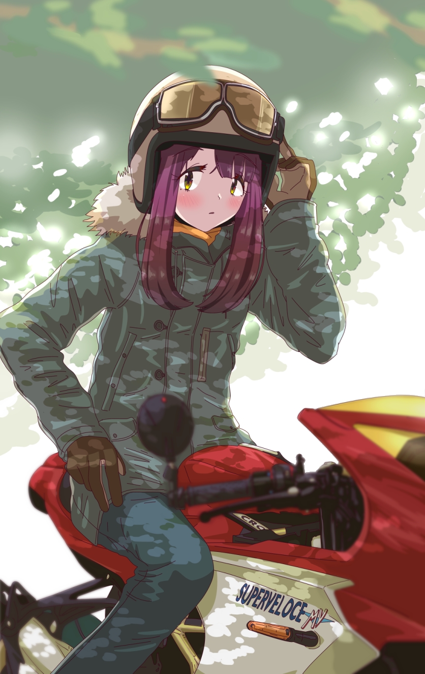 1girl blurry blurry_foreground brown_hair dappled_sunlight gloves goggles goggles_on_headwear ground_vehicle helmet highres jacket jyagi_naoki long_hair motor_vehicle motorcycle motorcycle_helmet sitting solo sunlight toki_ayano vehicle_request yellow_eyes yurucamp