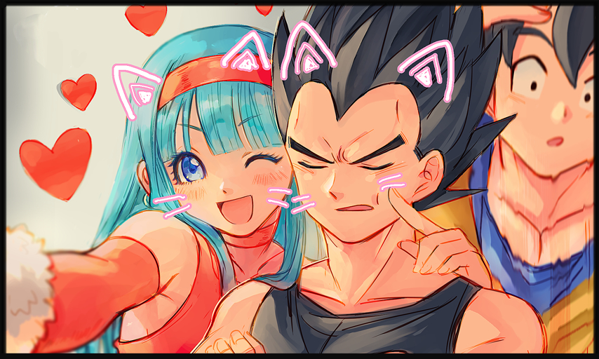 1girl 2boys :o ;d bangs bare_shoulders black_hair blue_bodysuit blue_eyes blue_hair blush bodysuit bra_(dragon_ball) choker closed_eyes crop_top dougi dragon_ball dragon_ball_gt earrings elbow_gloves father_and_daughter fingersmile forced_smile gloves heart jewelry long_hair looking_at_viewer mamefuku_(mamedehuku) multiple_boys one_eye_closed open_mouth outstretched_arm red_choker red_gloves saiyan selfie short_hair smile son_goku spiky_hair vegeta