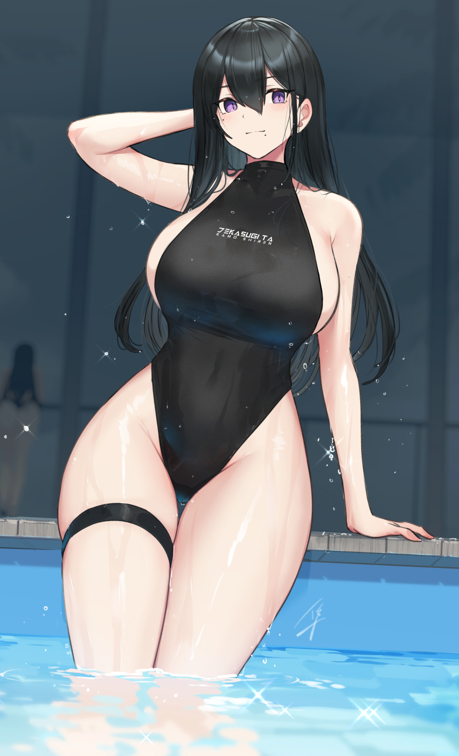 2girls bangs bare_shoulders black_hair black_swimsuit blurry blurry_background blush breasts classy-black-haired_girl_(hayabusa) collarbone covered_navel hayabusa highleg highleg_swimsuit highres large_breasts long_hair looking_to_the_side mole mole_under_eye mole_under_mouth multiple_girls night night_sky one-piece_swimsuit original pool sideboob sky smile solo_focus swimsuit thighs violet_eyes wading water