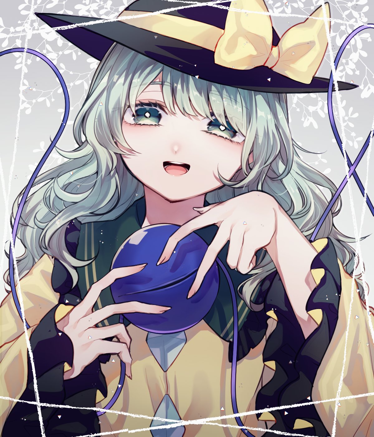 1girl :d black_headwear blouse blush bow bright_pupils buttons commentary diamond_button eyebrows_visible_through_hair frilled_sleeves frills green_eyes green_hair hands_up hat hat_bow highres katai_(nekoneko0720) komeiji_koishi long_hair long_sleeves looking_at_viewer smile solo teeth third_eye tongue touhou upper_body upper_teeth white_pupils wide_sleeves yellow_blouse yellow_bow